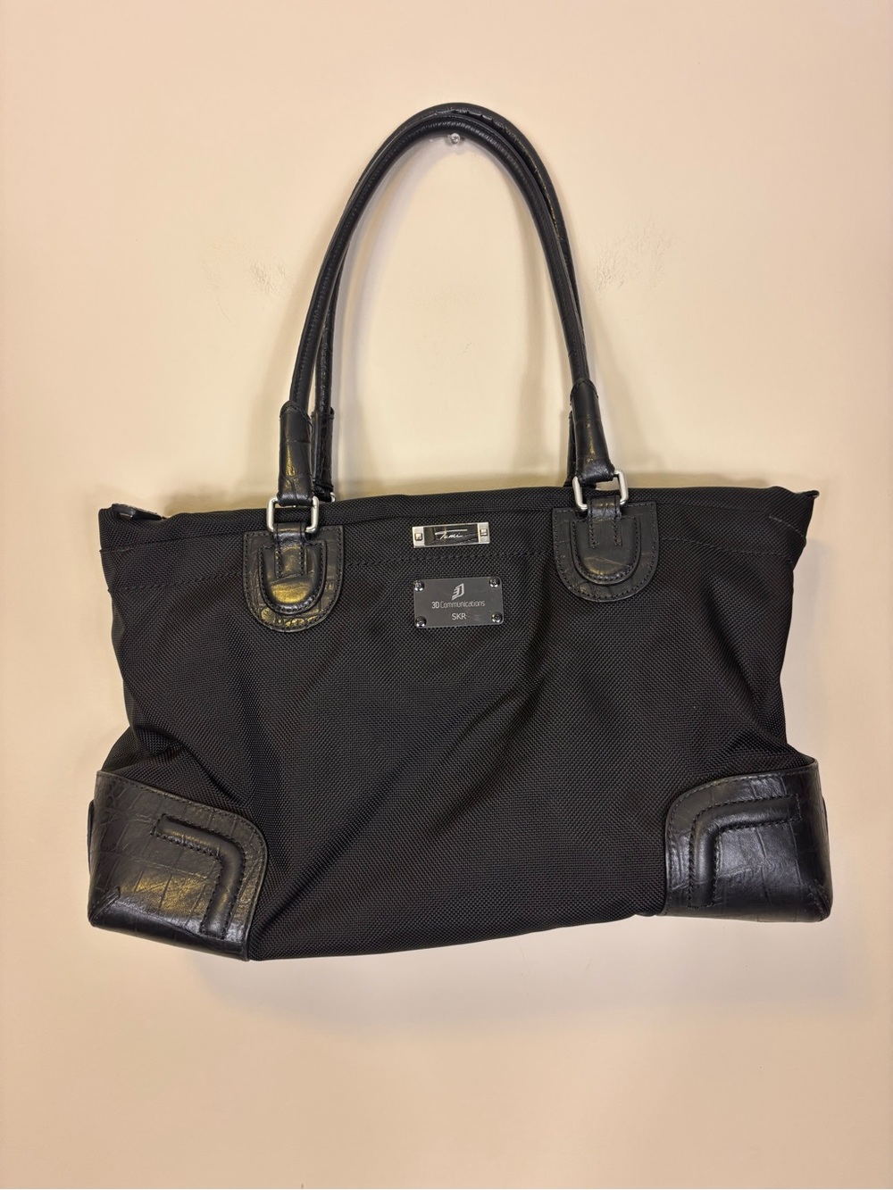 Tumi Black Canvas Laptop Tote with Leather Trim and Plaque Initials & Company